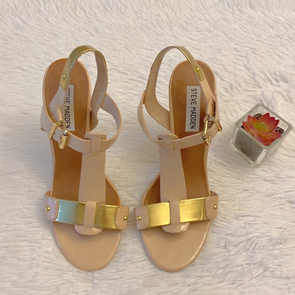 Steve Madden | Reya T-Strap Gold Nude heel women size 8 - Picture 3 of 9